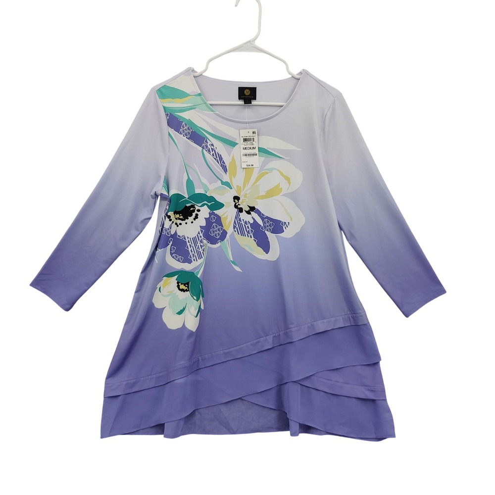 JM Collection Womens Floral Tunic Medium Violet Purple Ombre Layered Hem NEW